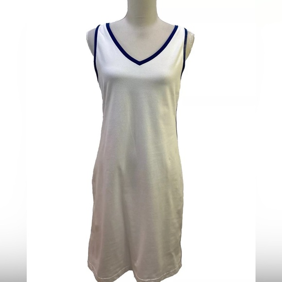 Bloomingdale’s Sutton Studio White V Neck Tennis Dress Blue - Picture 1 of 7
